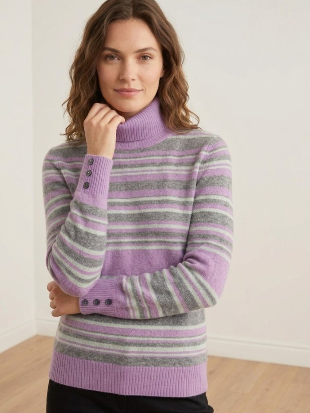 Cashmere Merino Blend Striped Turtleneck Sweater Womens Size Small Button Cuff